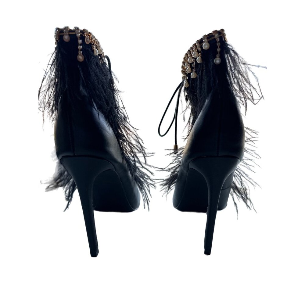 Feather Rhinestone Sexy Lace Heels Jubilee Ankle Bootie Black Peep Toe Pearl 7.5 - Picture 6 of 11